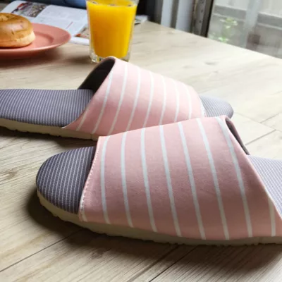 舒活布拖鞋條紋-褐粉M