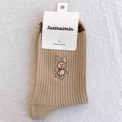 韓版兔子 拼色 撞色 刺繡 堆堆襪 拼色襪【佳瑪】中筒襪 ins潮 現貨奶茶