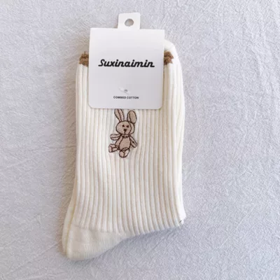 韓版兔子 拼色 撞色 刺繡 堆堆襪 拼色襪【佳瑪】中筒襪 ins潮 現貨米白