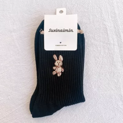 韓版兔子 拼色 撞色 刺繡 堆堆襪 拼色襪【佳瑪】中筒襪 ins潮 現貨黑