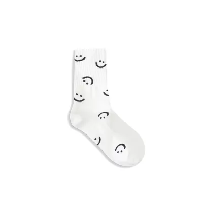 韓國微笑表情中筒襪【佳瑪】少女襪 3/4襪 韓國襪滿版白色